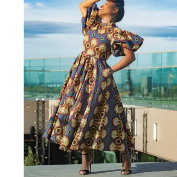 HERITAGE CLOTHING OLORI Multicolored Puff Sleeve Midi Dress size large